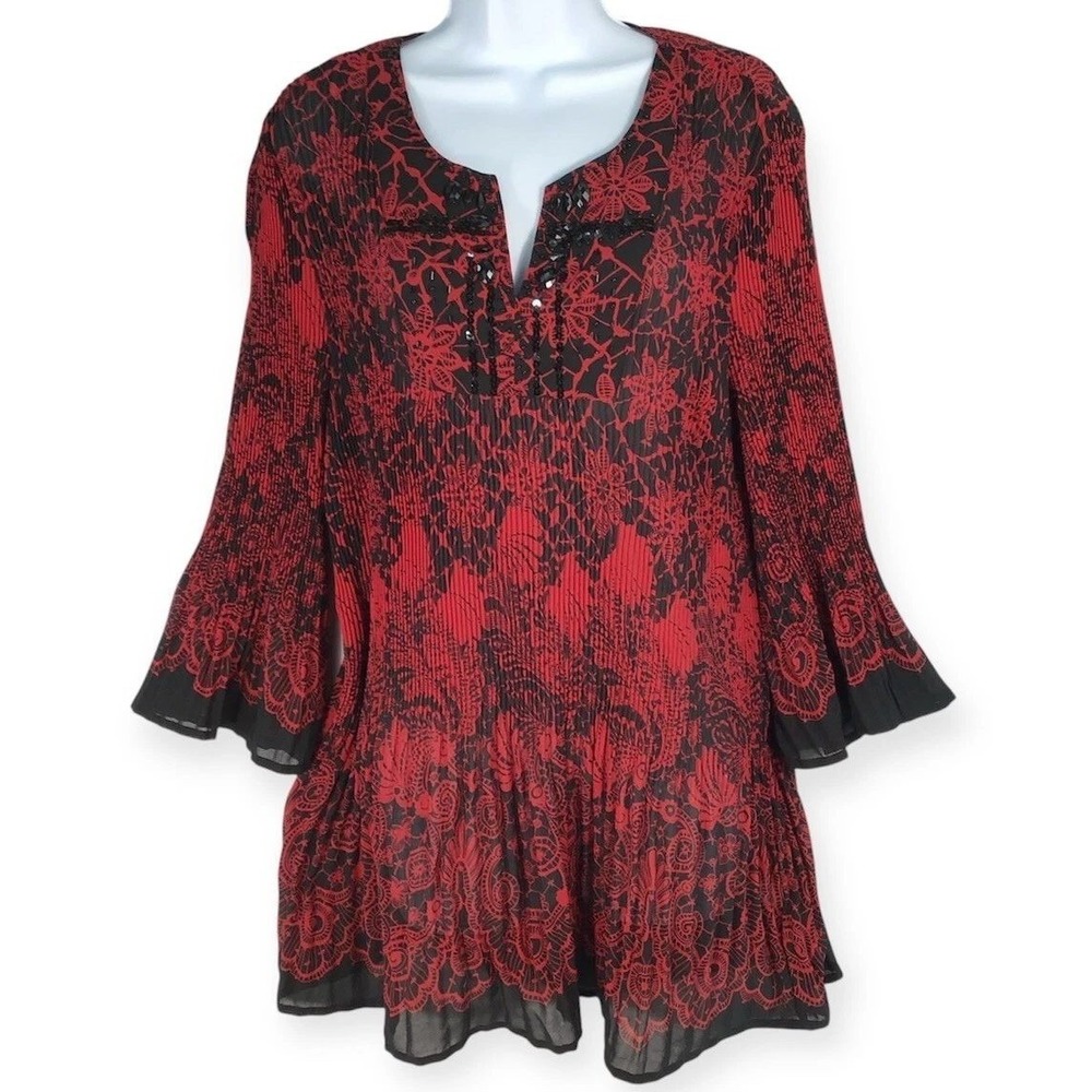 Cato Wms Dark Floral Print Pleated Beaded Bell Fairy Sleeve Tunic‎ Sz 18 20W
